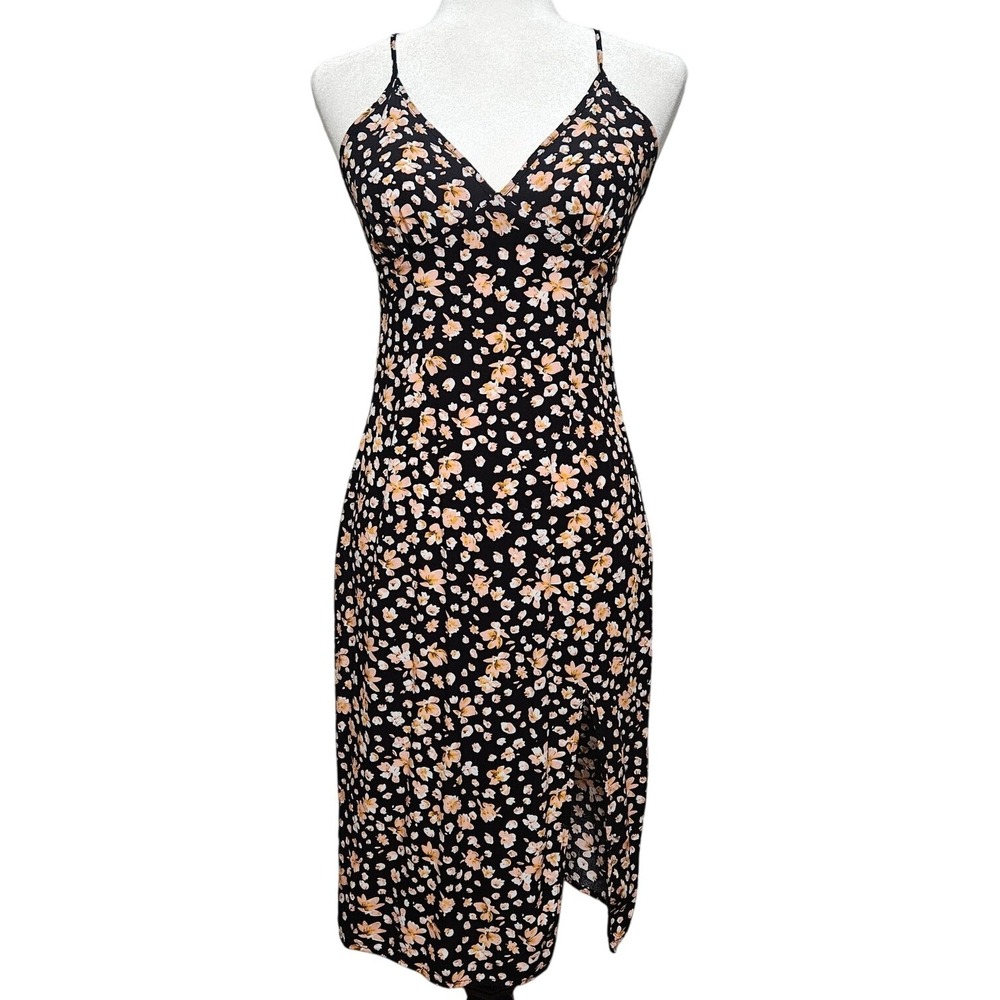 Womens Black Floral‎ Midi Dress Size XS/S Dark Romantic Cottagecore Y2K Slip